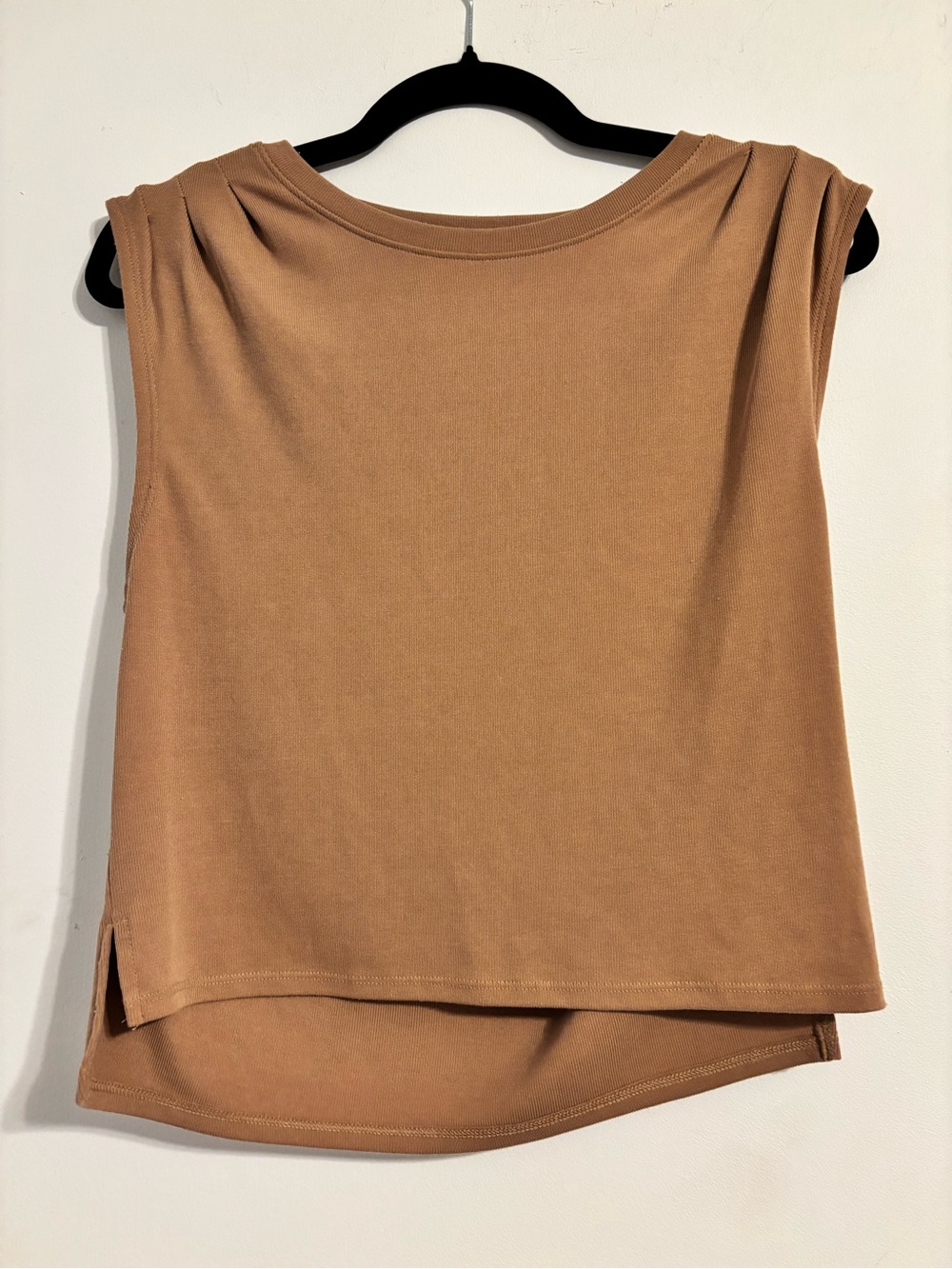 Sincerly Jules Camel Sleeveless Pleated Shoulder Tank Top